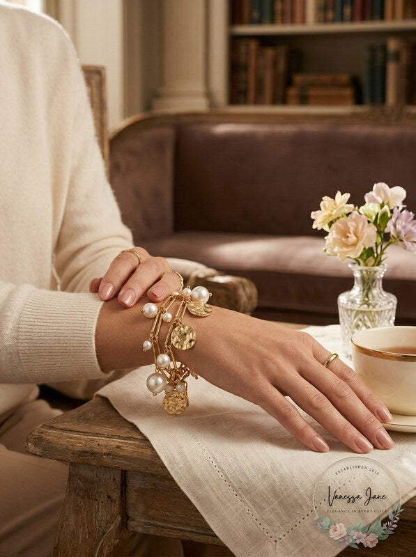 Inc Gold-Tone Imitation Pearl and Hammered Disc Shaky Charm Bracelet by Vanessa Jane