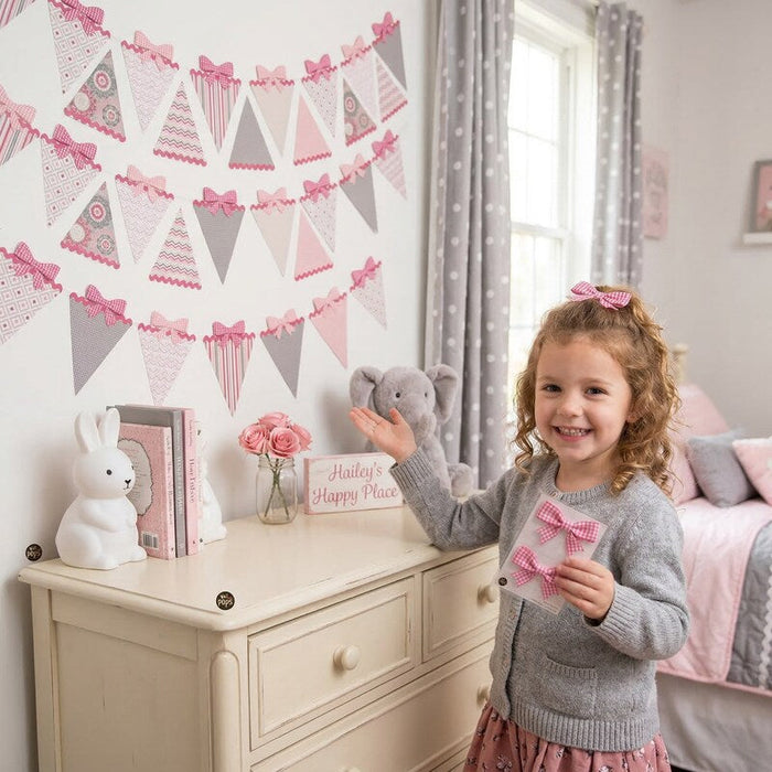 Wall Pops Pretty Pink Gingham Ribbons, Delicate Designs Hailey Pennant 32 pieces by Vanessa Jane