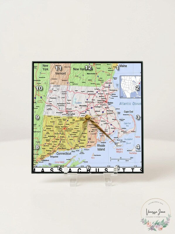3D Rose dc_184600_1 Print of Massachusetts Cities and State Map Desk Clock, 6x6 by Vanessa Jane