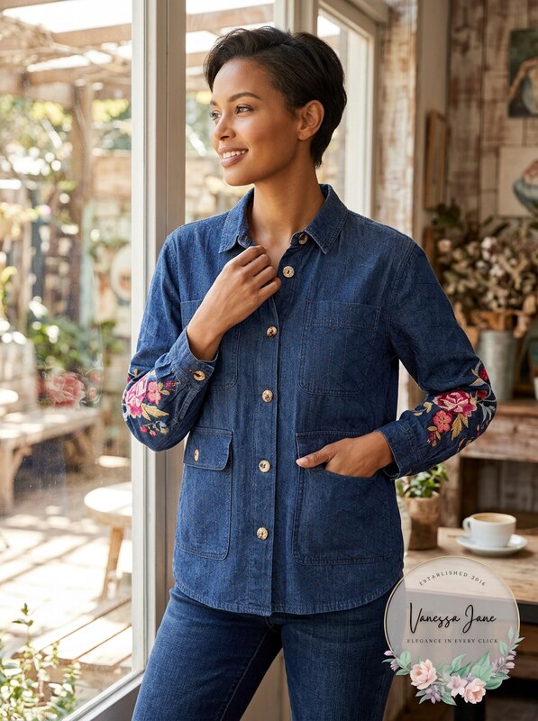 Johnny Was Sonya Cotton Embroidered Denim Shirt, Size XS by Vanessa Jane