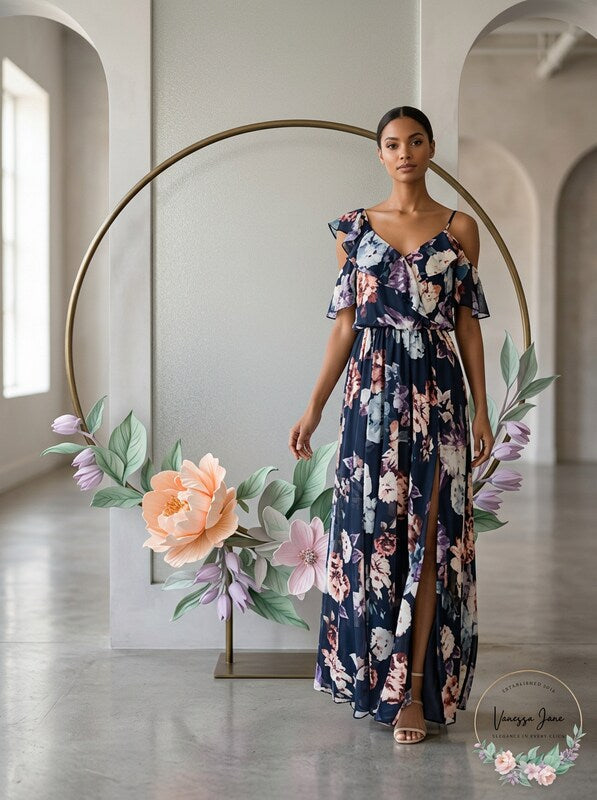 Aqua Women Blue Purple Floral Ruffle V-Neck Cold-Shoulder Maxi Dress Size 2 by Vanessa Jane