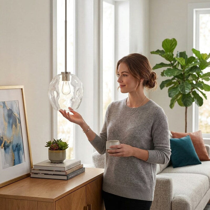 Cresswell Lighting 9in Modern Brushed Nickel Clear Glass Round Mini Pendant Ceili by Vanessa Jane