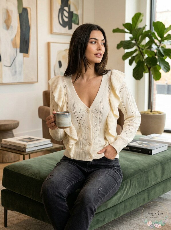 Elan Ruffle Trim Cardigan, Size Large by Vanessa Jane