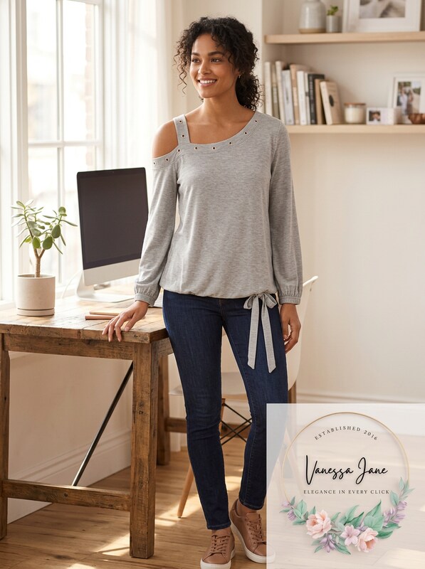 Single Thread Womens Grommet Cold Shoulder Pullover Top Gray, Small by Vanessa Jane