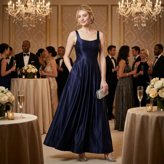 City Studios Juniors Beaded-Back Satin Gown, 3/Navy by Vanessa Jane