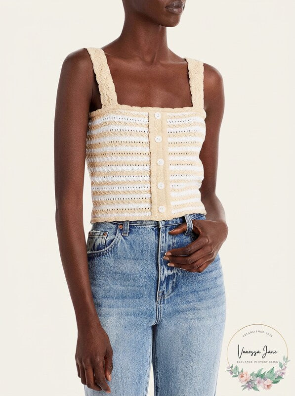 Aqua Striped Crochet Tank, Size Large by Vanessa Jane