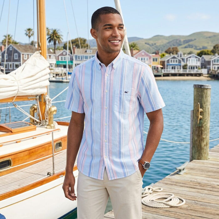 Vineyard Vines Mens Stretch Cotton Short-Sleeve Awning Stripe Shirt, Size Large by Vanessa Jane