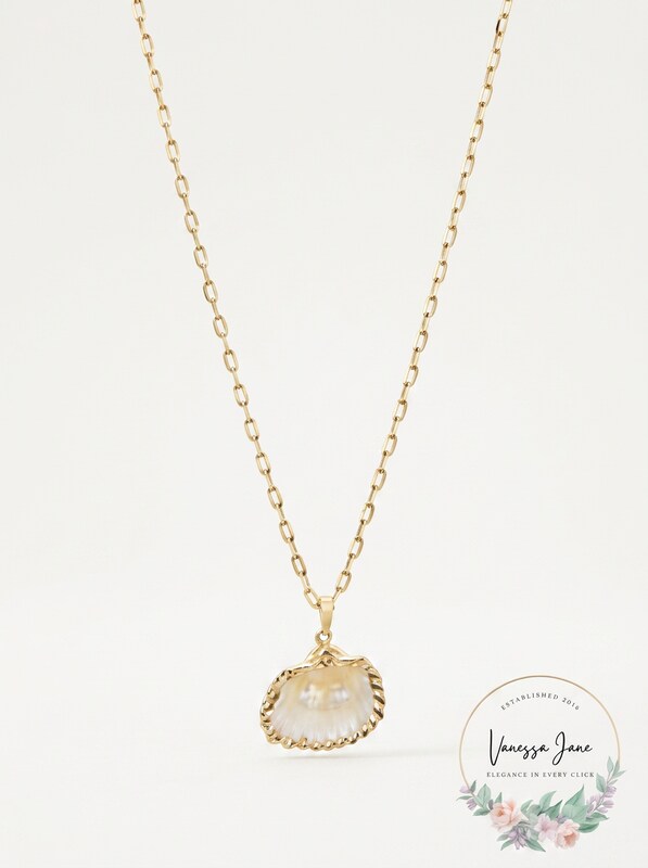 Aqua Shell & Cultured Freshwater Pearl Pendant Necklace by Vanessa Jane