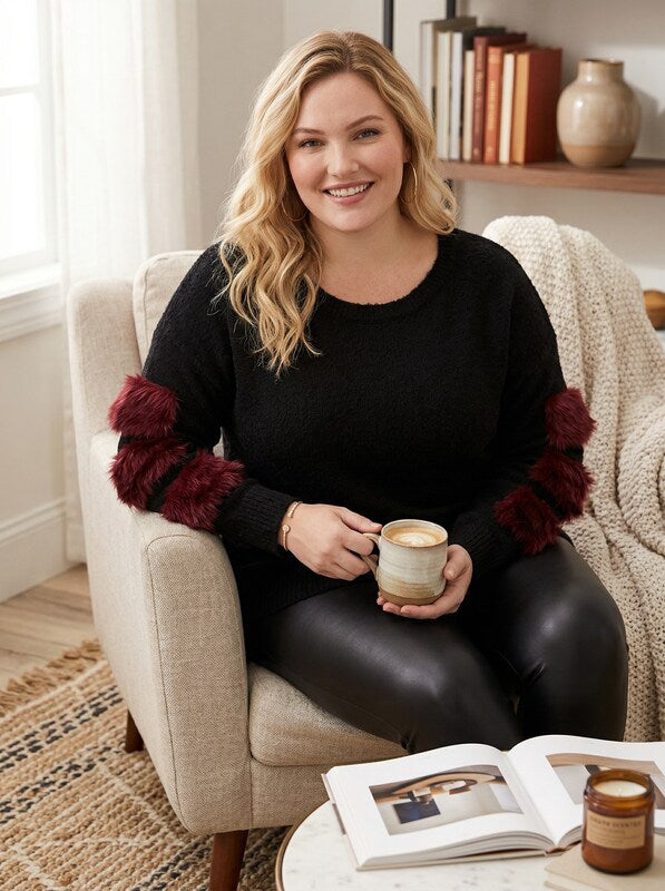 Say What? Trendy Plus Size Faux-Fur Trim Sweater, Size 1X by Vanessa Jane
