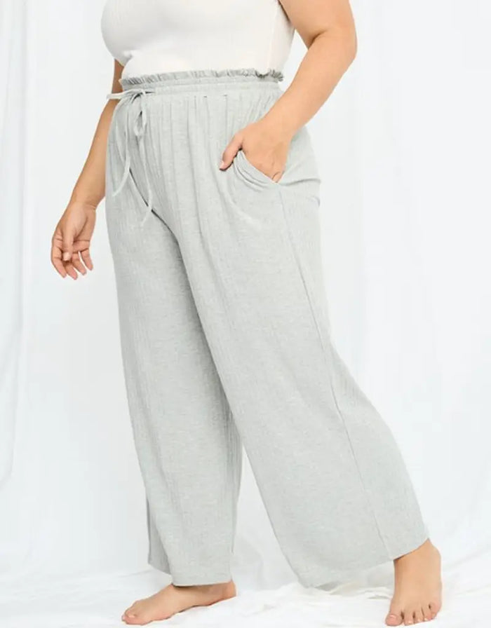 Ribbed Paperbag Wide Leg Pants - Grey by Boutique 23