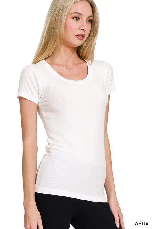 Ribbed Round Neck Short Sleeve Tee Shirt - White by Boutique 23