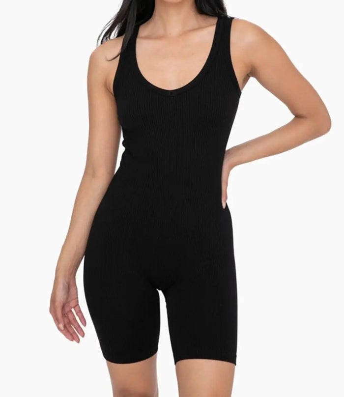 Ribbed Seamless Shortsie Romper - Black by Boutique 23