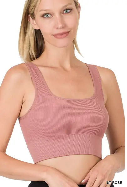 Ribbed Square Neck Cropped Tank Top - LT Rose by Boutique 23