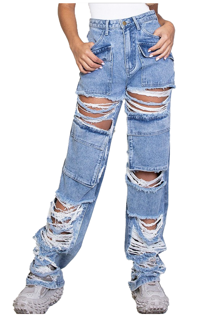 Front Only Ripped Distressed Cargo Denim Jeans by The House of Stylez