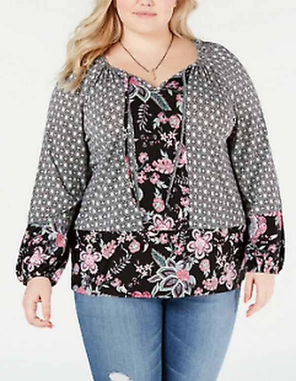 Style & Co Plus Size Mixed-Print Bishop-Sleeve Top by Vanessa Jane