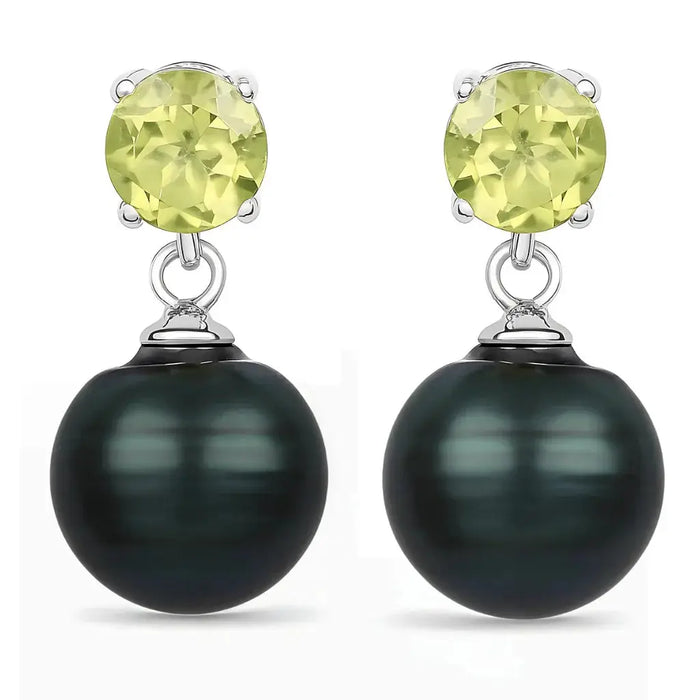 Round Black Tahitian Pearl Prong Rhodium Plated Silver Drop Dangle Earrings by Fine Color Jewels