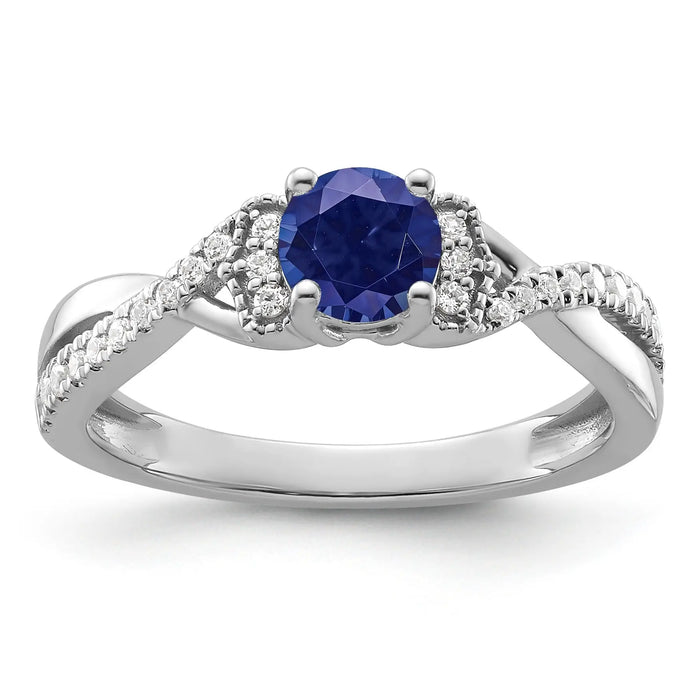 Round Blue Created Sapphire and Lab Diamond Prong 10K White Gold Infinity Twist Promise Pave Ring by Fine Color Jewels