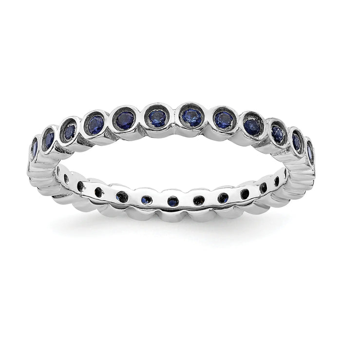 Round Blue Lab Created Sapphire Bezel Sterling Silver Stackable Eternity Ring by Fine Color Jewels