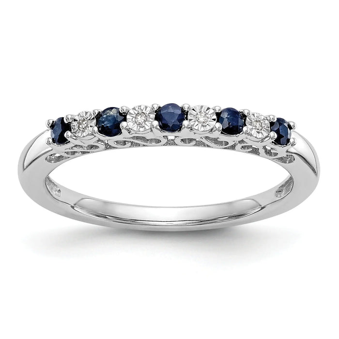 Round Blue Sapphire And Diamond 14k White Gold Half Eternity Wedding Band Ring by Fine Color Jewels