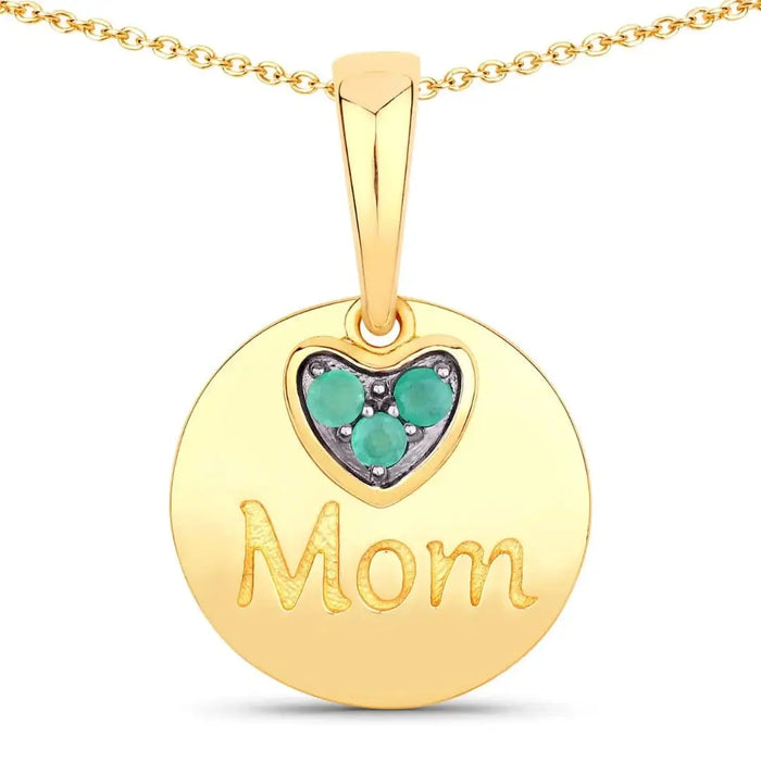 Round Green Emerald Prong Gold Plated Silver Mom Heart Pendant Necklace by Fine Color Jewels