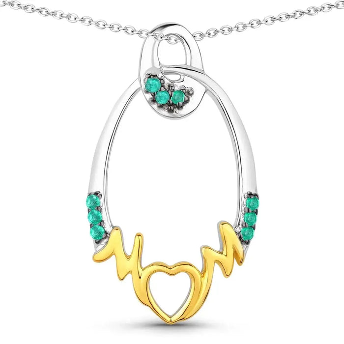 Round Green Emerald Prong Silver Mom Heart Pendant Necklace by Fine Color Jewels