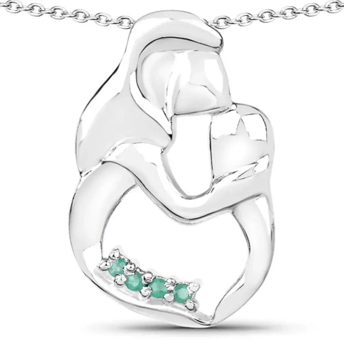 Round Green Emerald Prong Silver Mom Pendant Necklace by Fine Color Jewels