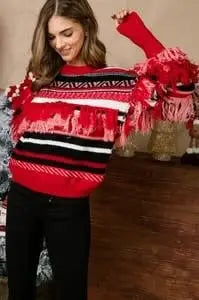 Round Neck Fringe Multi Colors Sweater by Boutique 23