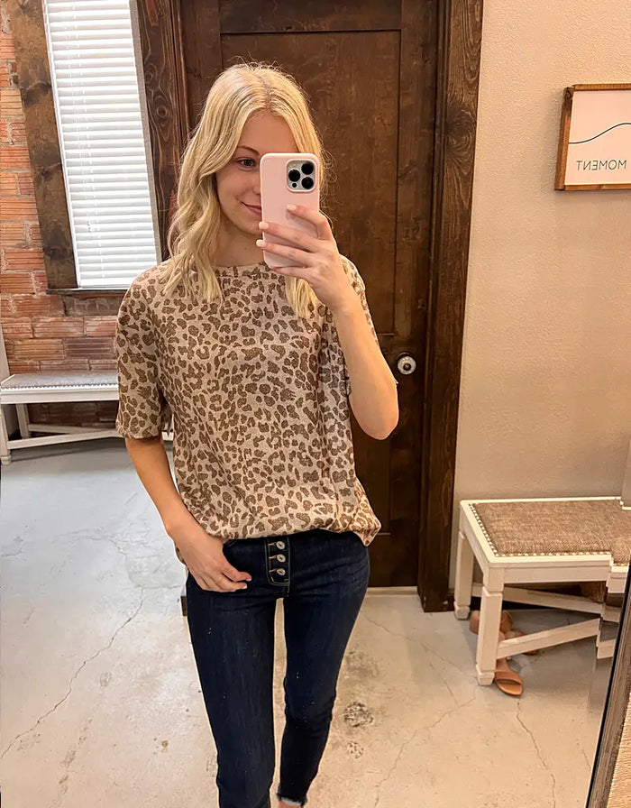 Round Neck Short Sleeve T-Shirt - Khaki Leopard by Boutique 23