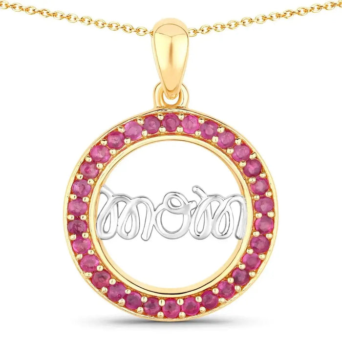 Round Pink Ruby Prong Gold Plated Silver Mom Circle Pendant Necklace by Fine Color Jewels