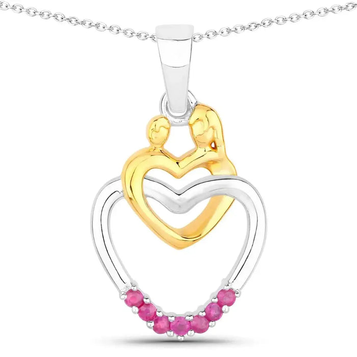 Round Pink Ruby Prong Silver Double Heart Pendant Necklace by Fine Color Jewels