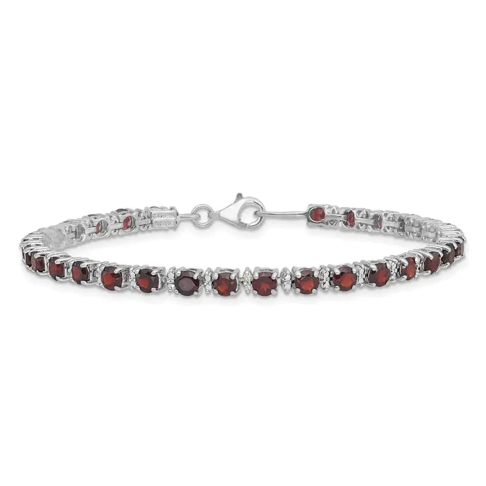 Round Red Garnet & Diamond Prong Sterling Silver Tennis Bracelet by Fine Color Jewels