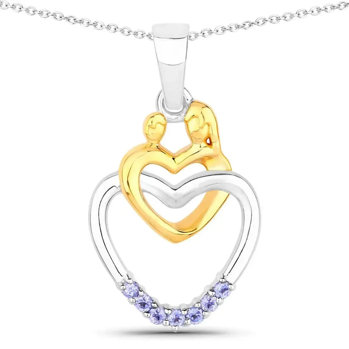 Round Violet Tanzanite Prong Silver Double Heart Pendant Necklace by Fine Color Jewels