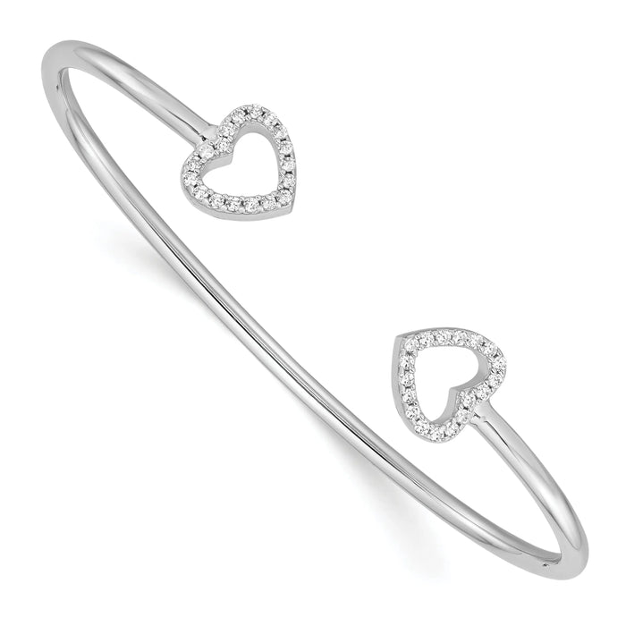 Round White Cubic Zirconia Prong Sterling Silver Two Heart Open Cuff Slip-On Bangle Bracelet by Fine Color Jewels