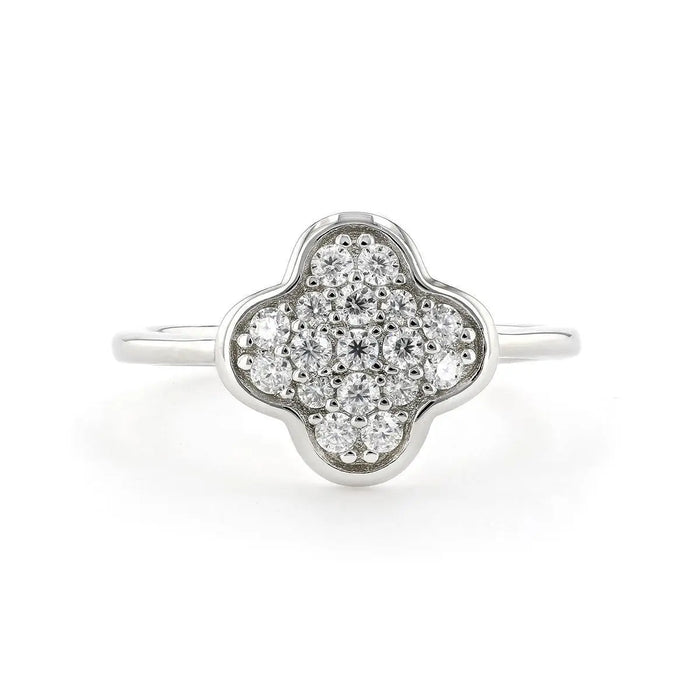 Round White Moissanite Pave Sterling Silver Four Leaf Clover Ring by Fine Color Jewels