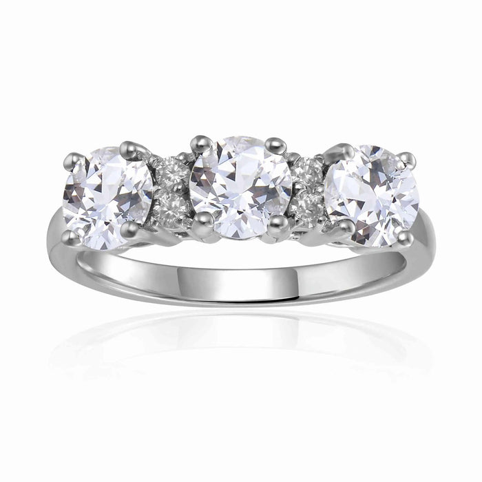Round White Topaz Prong Sterling Silver Three Stone Ring by Fine Color Jewels