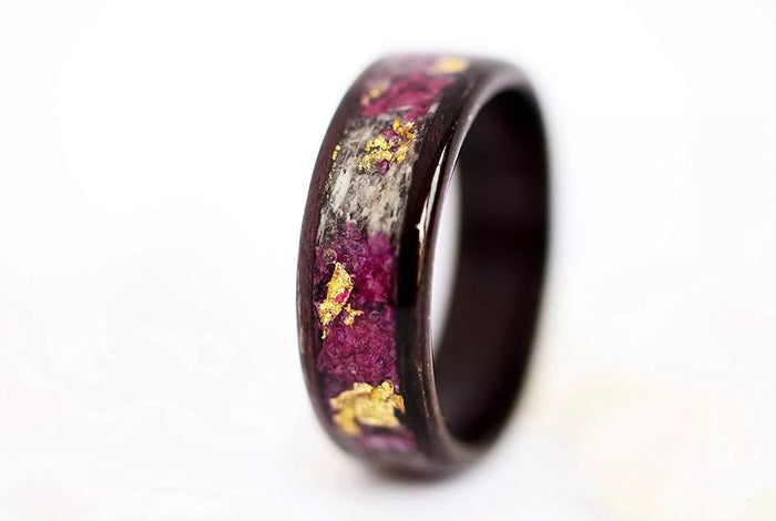 Vytvir 5 Year Anniversary Wood Ring With Purple Orchid and Gold Flakes. Size 8 by Vanessa Jane