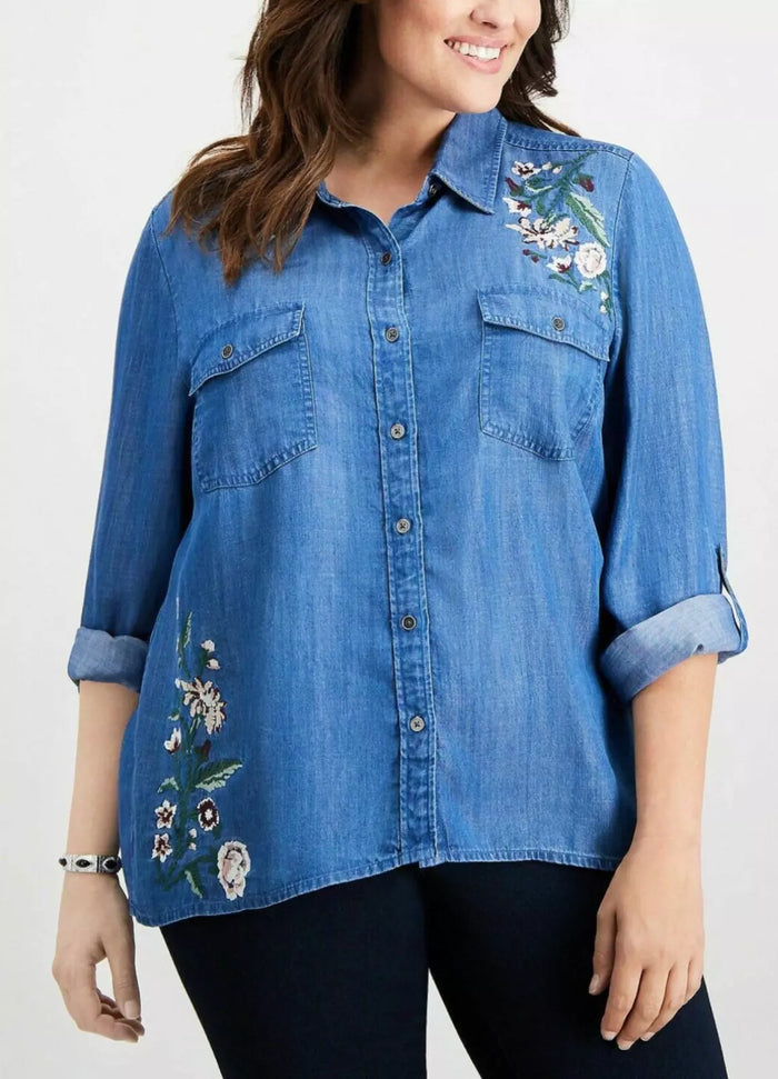Style and Co Womens Embroidered Floral Print Button-Down Denim Top, Size OX by Vanessa Jane