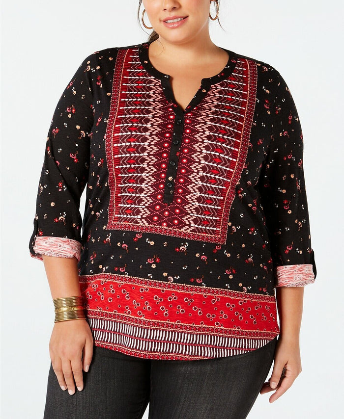 Style & Co Plus Size Printed Roll-Tab Top, Size 2X by Vanessa Jane