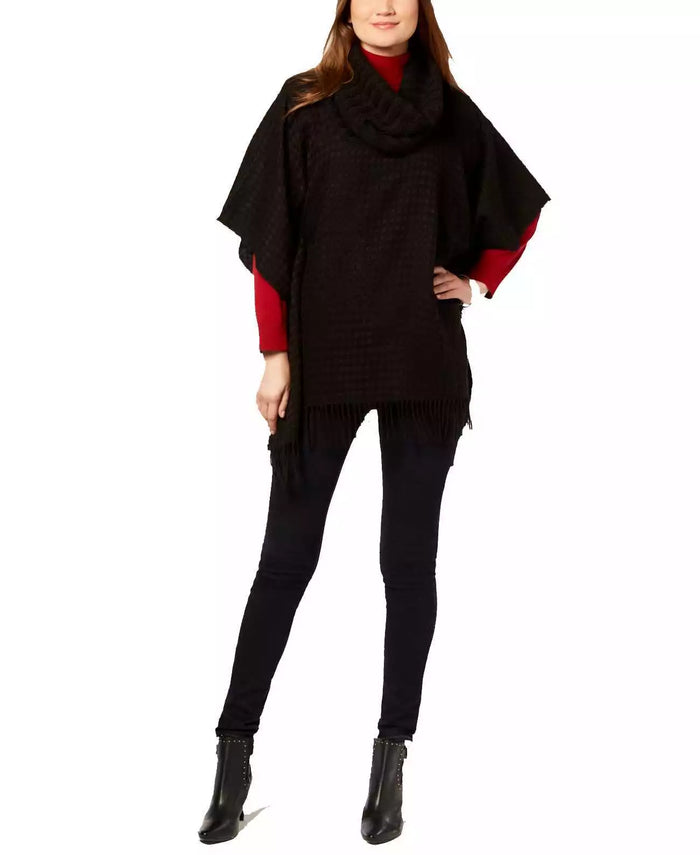 V. Fraas Cowl-Neck Fringe Knit Poncho, Black One Size by Vanessa Jane