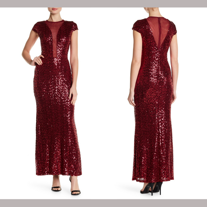 Marina Mesh Inset Sequin Cap Sleeve Gown by Vanessa Jane