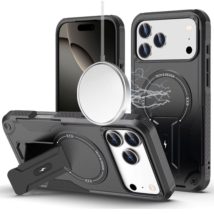 Magnetic Circle Rugged Grip Kickstand Case with Tempered Glass for iPhone 17 Pro Black by Merch Section