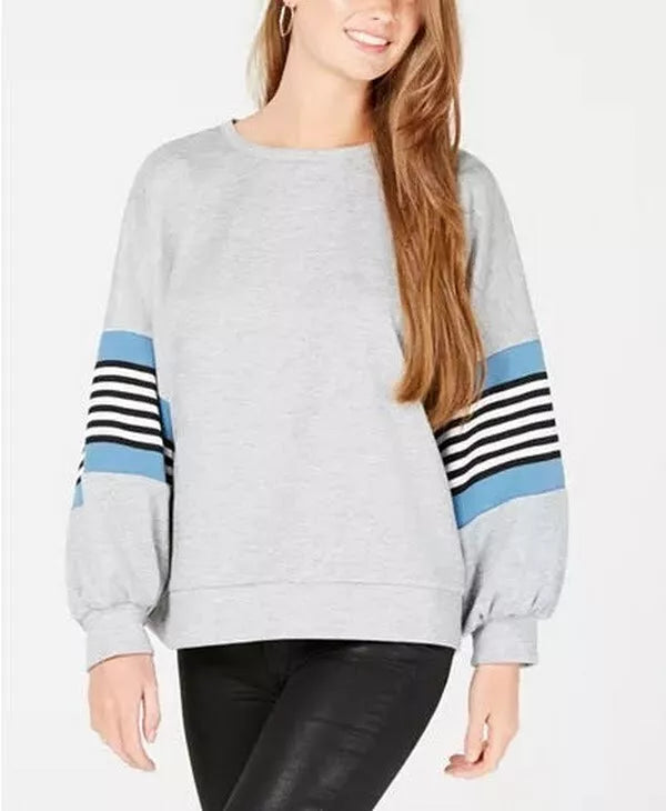 Say What? Juniors Striped Balloon-Sleeve Sweatshirt, Size XL by Vanessa Jane