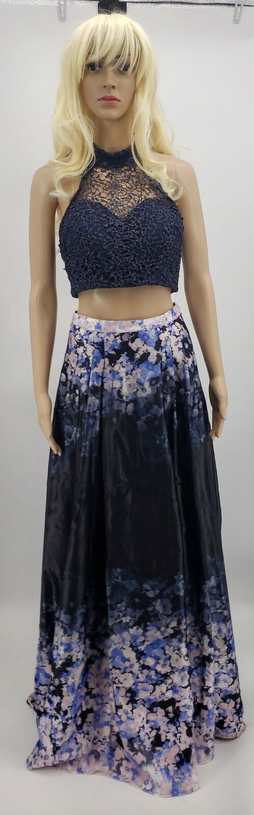 City Studios Juniors 2-Pc. Glitter Lace Top and Floral Skirt Navy, Size 7 by Vanessa Jane