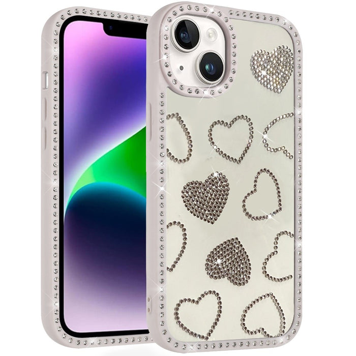 Rhinestone Hearts Bling Trim Case for iPhone 13 14 with Tempered Glass by Merch Section