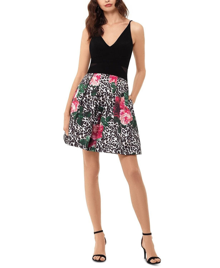 Xscape Black Printed Spaghetti Strap V Neck Fit And Flare Dress-Size 10 by Vanessa Jane