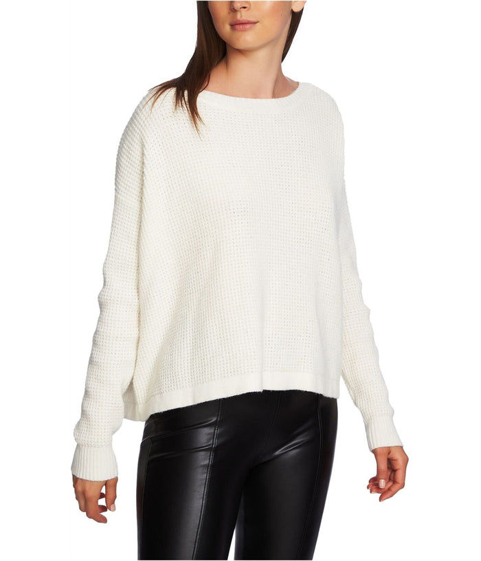 1.State Womens White Lace-Up V-Back Long Sleeve Waffle-Knit Sweater, Size Medium by Vanessa Jane