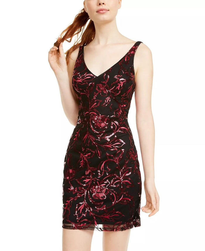 Sequin Hearts Womens Dress Red Black Sheath Sequined Illusion by Vanessa Jane
