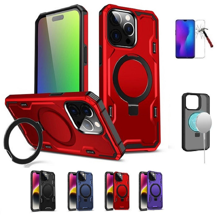 Magnetic Circle Kickstand Silicone Case with Tempered Glass for iPhone 15 Pro Max Black by Merch Section
