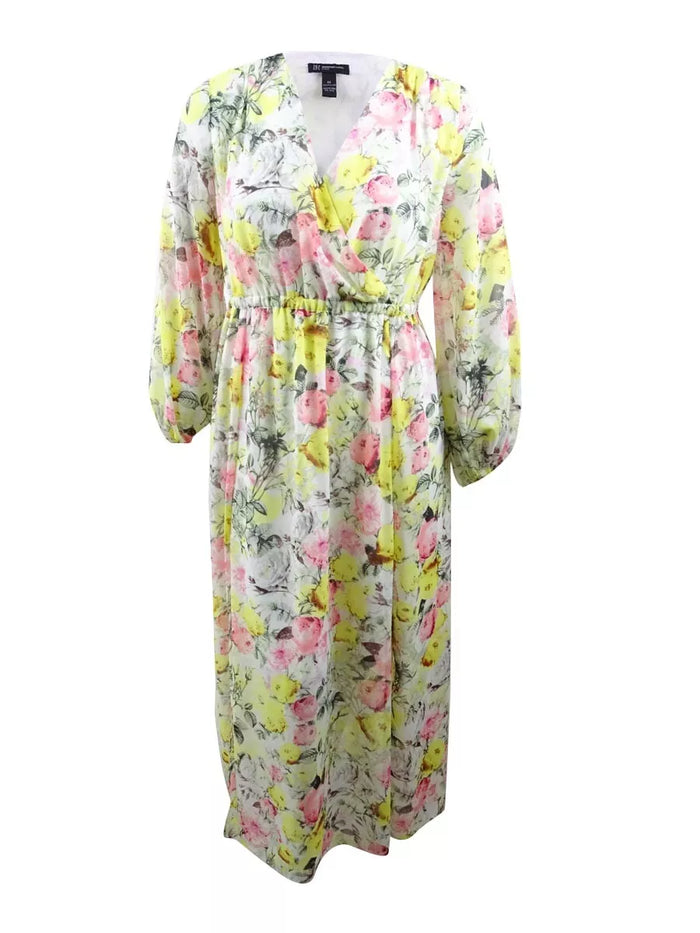 INC Womens Yellow Printed Long Sleeve V Neck Maxi Dress Plus, Size 1X by Vanessa Jane