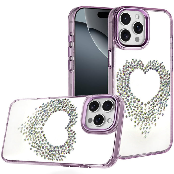 Heart Shaped Rhinestones Clear Case for iPhone 16 Pro Max with Tempered Glass by Merch Section